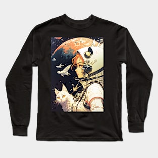 Girl and Cat in Space Fantastic Retro 70s Long Sleeve T-Shirt